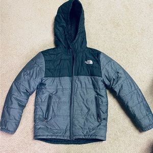 Boys North Face coat, black and gray with black fleece